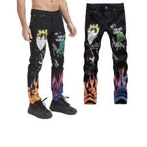 Slim Fit Graffiti Printed Jeans Men's Hip Hop Pants Street Wear